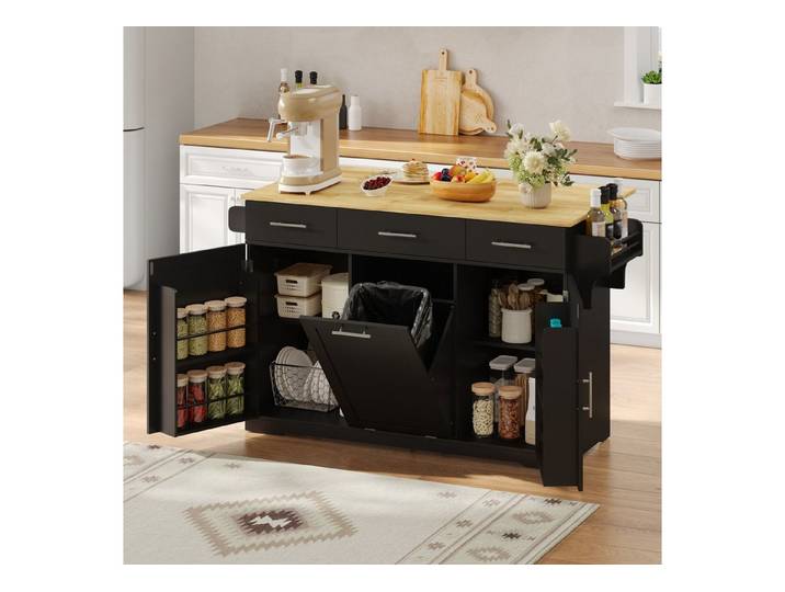REDOM Kücheninsel Mobile Servierwagen 136×50(75)×92 cm Schwarz mit Rollen Design, (Küchenwagen mit Arbeitsfläche für Kochen und Aufbewahrung), Rollschrank mit Schubladen Türregalen und Mülleimerfach