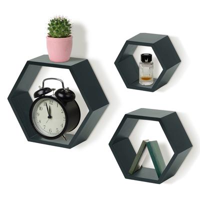 IvoQ Hexagon Wandregale – Schwarz – 3er Set – Schwebende Wandregale – Kiefernholz – Modernes Skandinavisches Design