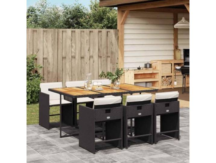 HEFZGDB 7-TLG. Garten-Essgruppe mit Kissen Schwarz Poly Rattan, Klappstühle mit waschbaren Bezügen und Akazienholz Tischplatte für Terrasse, Langlebige Outdoor Möbel