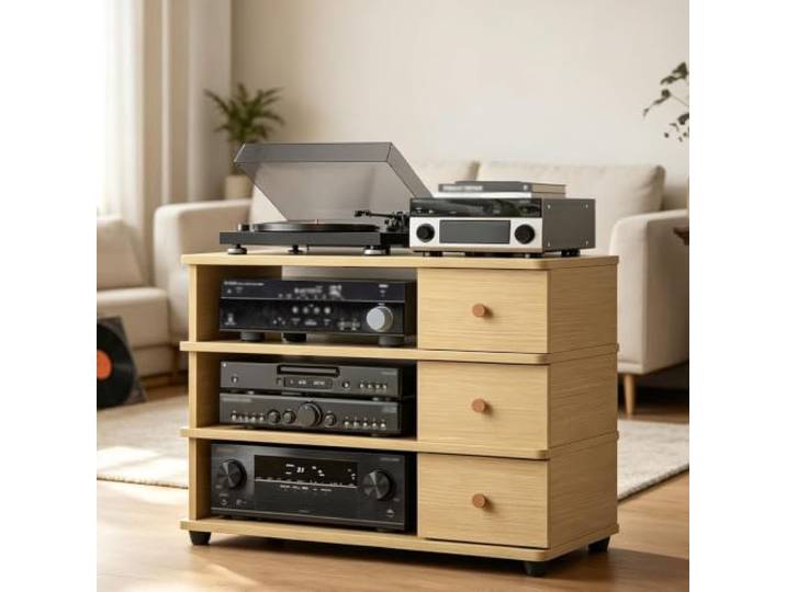 YHTCSXMD HiFi Rack mit Schublade für Audio- und Medientechnik Mehrstufiges Audio Rack für Wohnzimmer, Medienraum und die übersichtliche Geräteaufbewahrung(Natural Wood)