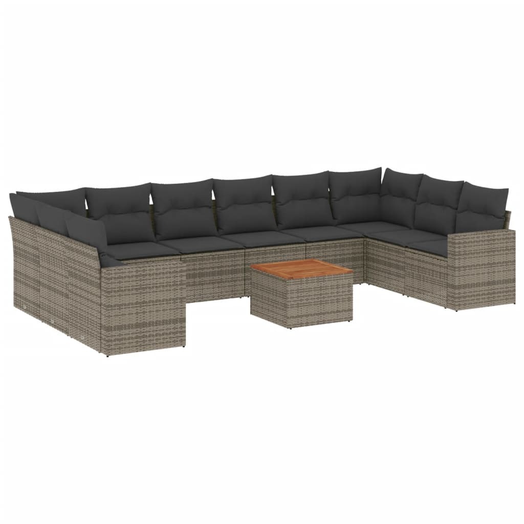 Modulare Garten Sofagarnitur, 11-teilig, Grau, aus PE-Rattan & pulverbeschichtetem Stahl, mit Akazienholz-Tisch, abnehmbaren Kissenbezügen