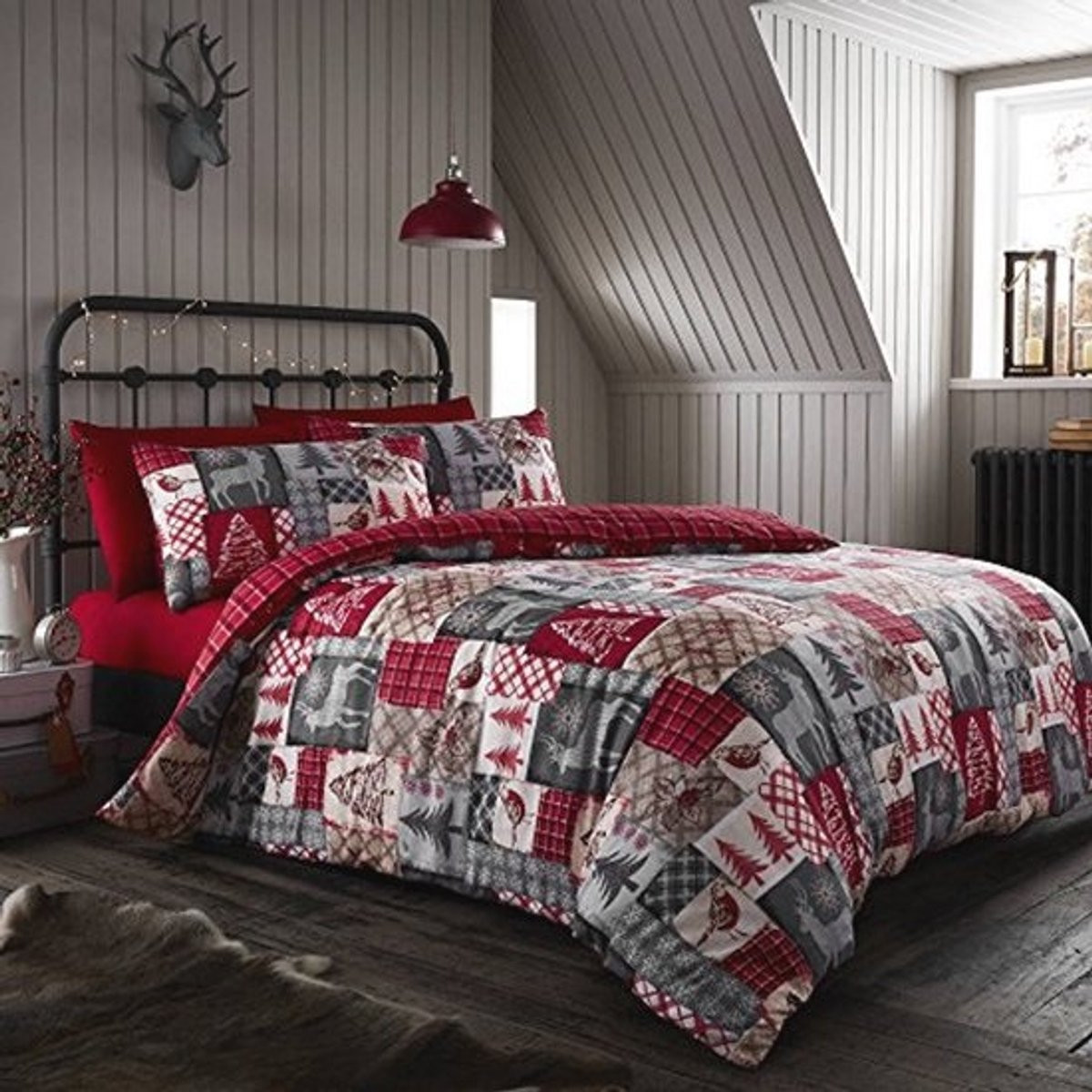 Omkeerbaar Kerst Patchwork Dekbedovertrek Set van 100% Geborsteld Katoen