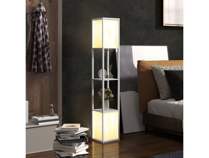 HOMCOM Lampadaire Moderne avec Étagères et Abat-jour Tissu Blanc