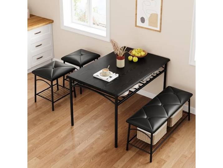 Acekool Esstisch Set, Esstisch Mit 3 Bänken Für Esszimmer Praktisches 1+3 Esstisch-Set mit Ablagefach, stabiler Rahmen, platzsparend, pflegeleichte Oberfläche, einfache Montage