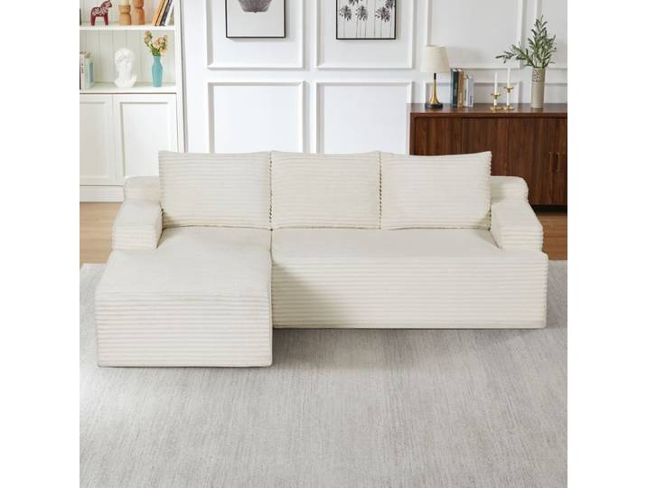 COVREO Canapé d'angle modulable convertible 4 places en velours côtelé beige assise profonde