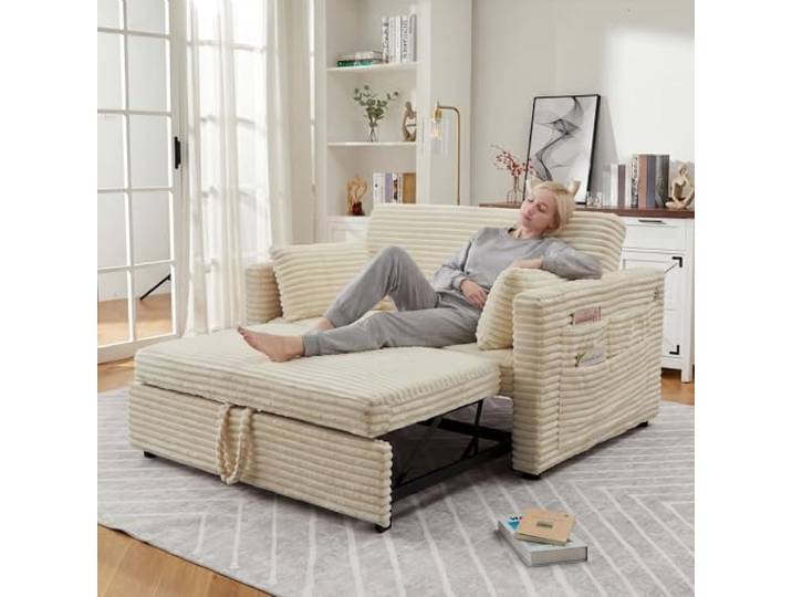 Garvee Multifunktionales Cord Schlafsofa mit Schlaffunktion – Ausziehbares 2-Sitzer Sofa – Verstellbare Rückenlehne, integrierte Ladestation & Seitentasche – Für Wohnzimmer, Schlafzimmer, Apartment –