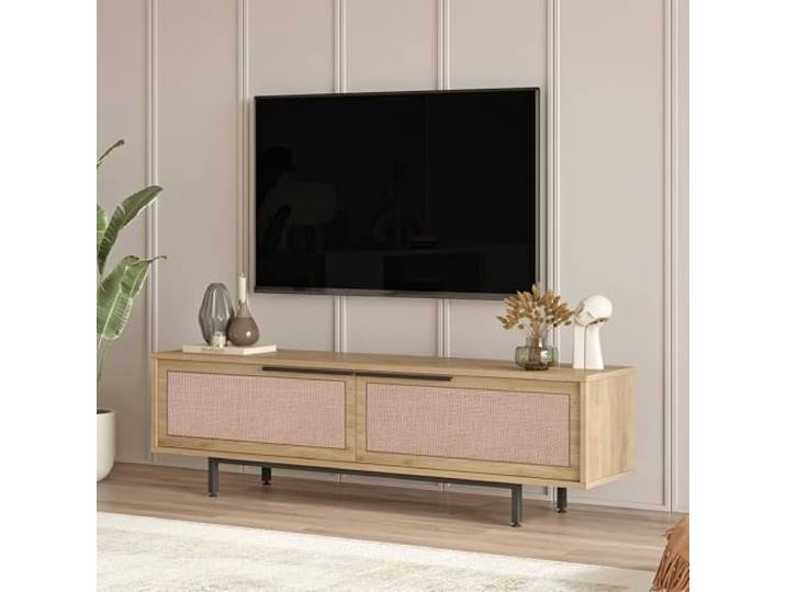 [en.casa] TV Schrank Kvænangen Lowboard mit 2 Türen Rattanoptik TV Board Eichenoptik Fernsehtisch TV Kommode Fernsehschrank 160 x 36 x 45 cm Metallgestell
