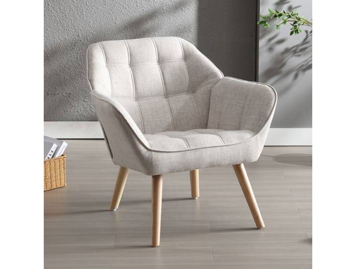 Wahson Fauteuil Salon Moderne Fauteuil Scandinave avec Pied Bois Fauteul Design Salon en Lin Rembourré Confortable Fauteuil Beige