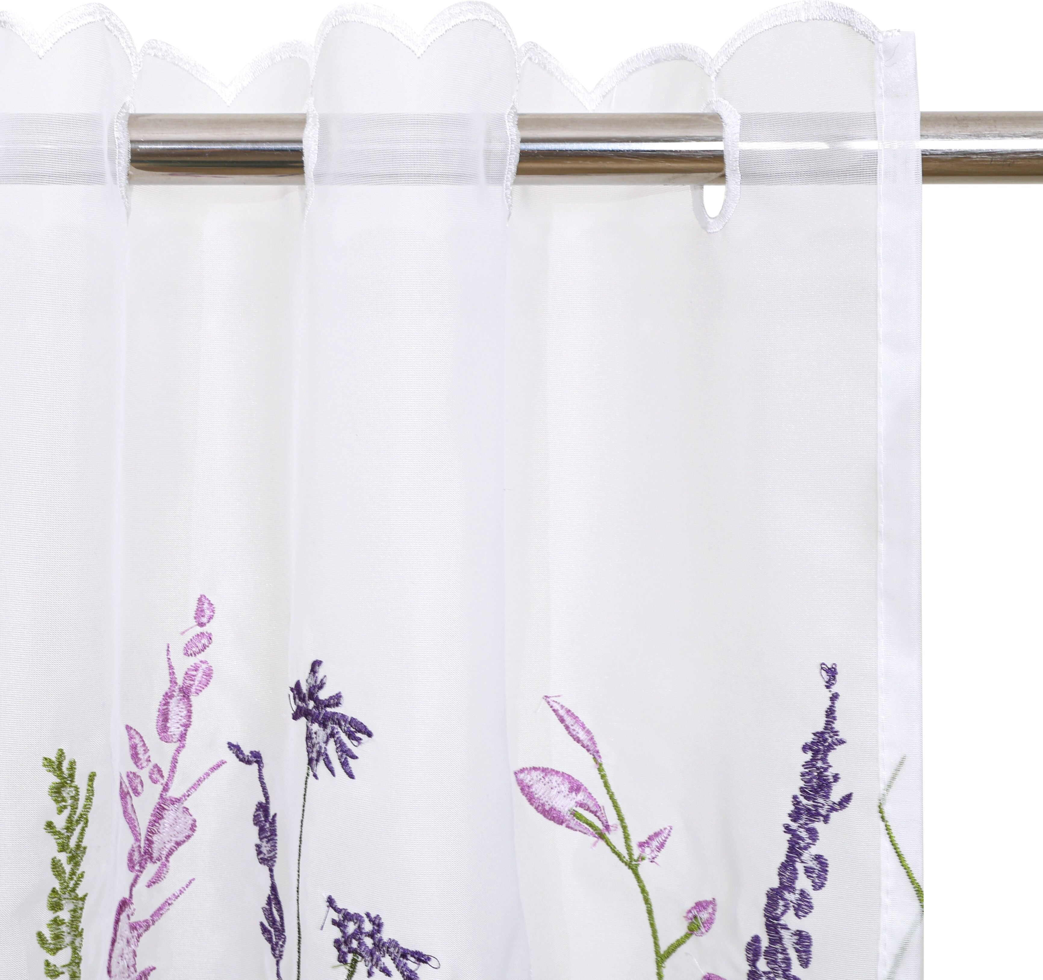 Scheibengardine GOODPRODUCT "Bille, 1 Stück, transparent, einseitige Stickerei, Blumen" Gr. 3, lila, B:90cm H:45cm, Voile, Polyester, Gardinen, Scheibengardine, transparent, mit einseitiger Stickerei, waschbar, Blumen lila 45cm, Durchzuglöcher, 90cm