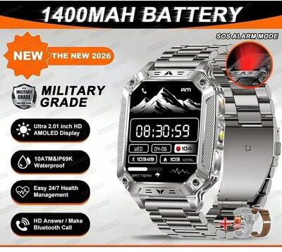 Uplift Essentials "TANK Ultra Military Smart Watch 1400mAh Battery & 2.01"" AMOLED 10ATM Waterproof GPS Tactical SmartWatch silver Steel 2a"