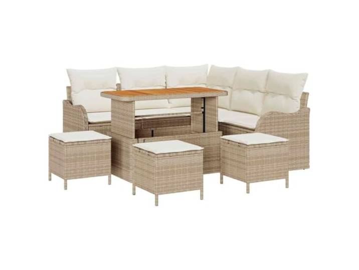 Gartenmöbel-Set, 9-teilig, beige, Polyrattan, Stahl und Akazienholz Sessel mit abnehmbaren Kissen, verstellbare hohe Tische, modulares Design, Stahlbeine, Beistelltisch aus Akazie, Außenbereich