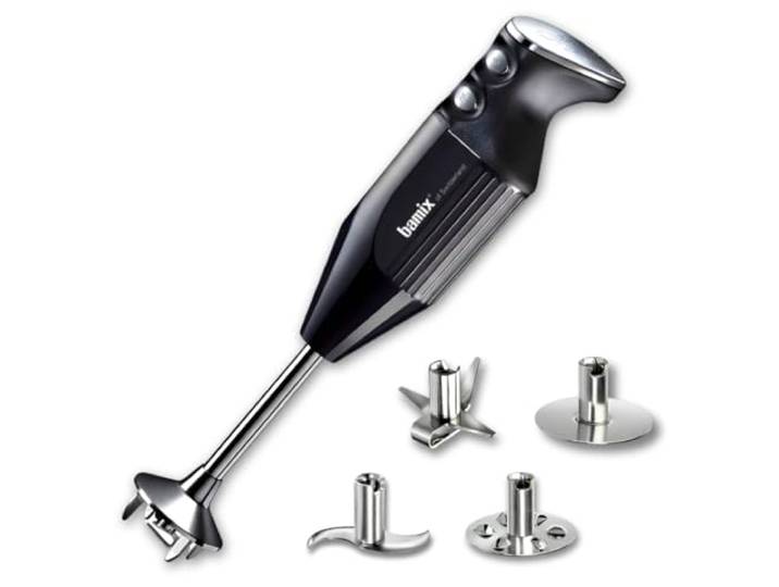 bamix Stabmixer Set M350 MAXX inkl. Multifunktions-, Fleisch-, Gemüsemesser, Quirl, Schlagscheibe aus Edelstahl, 300 Watt, 2-Stufen, Made in Switzerland, Schwarz/Chrom