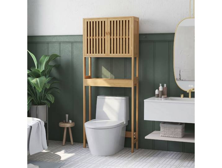 HOMCOM Étagère WC Bambou avec Placard 2 Portes Salle de Bain