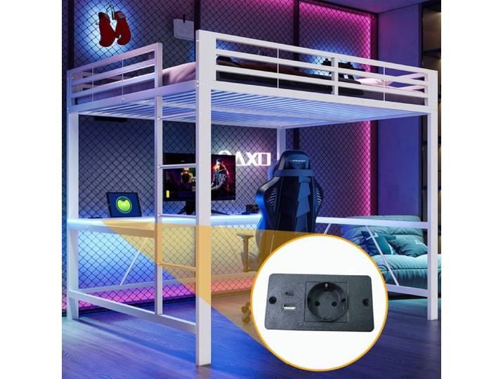 Lit Mezzanine 160x200 cm 2 Places avec Grand Bureau et LED Éclairage Cadre Métal pour Studio Gamer Blanc