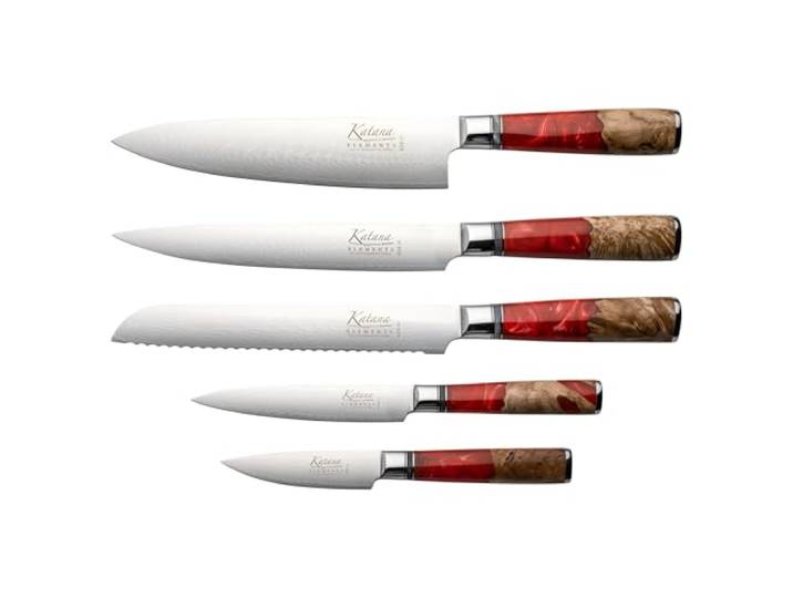 Katana Saya Elements 6-teiliges Messerblock-Set, Vulkanisches Rot – VG-10-Damaststahl mit hohem Kohlenstoffgehalt für extreme Robustheit und Schärfe – Griff aus natürlichem Olivenholz und Harz