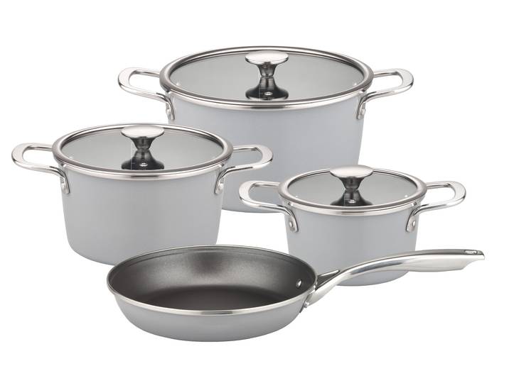 Topf-Set GSW Stratos , grau, 1,6 l, Töpfe, Topf-Set, Kochtopf-Set aus Stahl-Emaille mit antihaft-versiegelter Pfanne