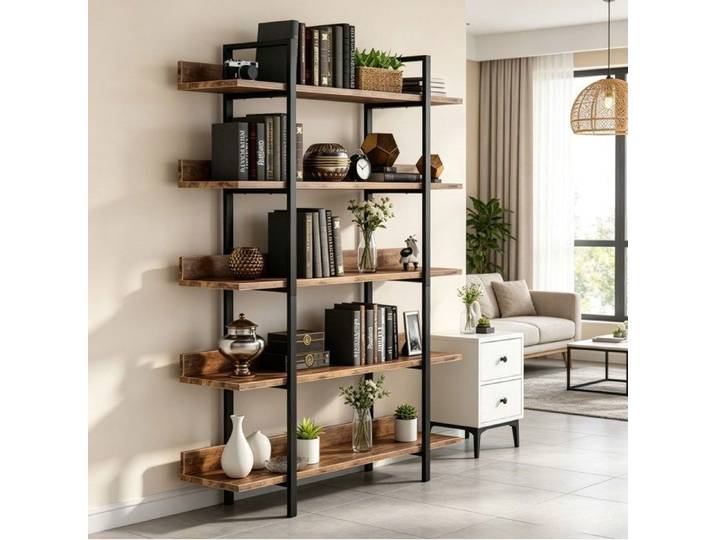 Bibliothèque Haute Industrielle Vintage 5 Niveaux - Étagère Noir Bois Rustique 105x33x180cm