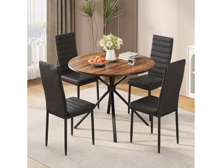 Xbro Esstisch Set mit 4 Stühlen, Runder Esstisch mit 4 Esszimmerstühlen MDF-Esstisch Ø100 cm und 4 gepolsterten Esszimmerstühlen, für Küche, Esszimmer und Wohnzimmer