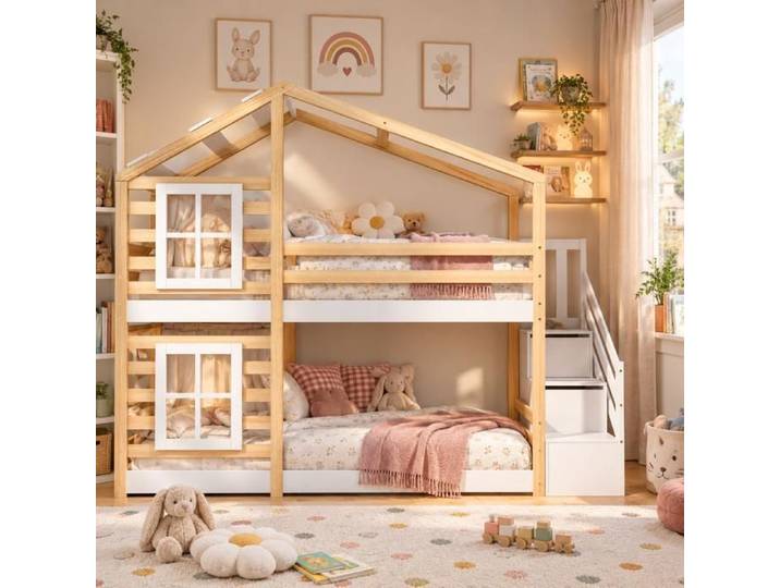 Lit cabane Enfants 90x200 Lit superposé Enfant lit Mezzanine 2 Places cabane d'arbre avec tiroir et Protection Anti Chute Blanc
