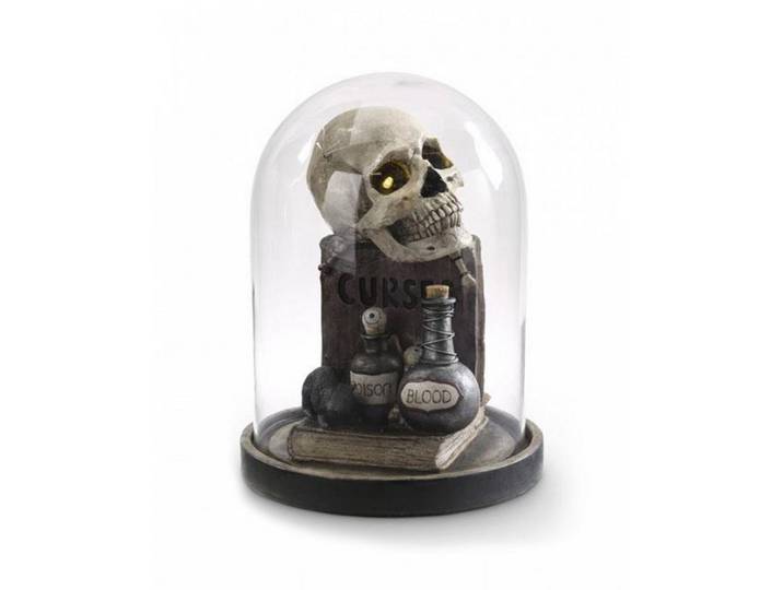 Horror-Shop Dekoobjekt Totenkopf mit LED Augen & Zauberbuch in Glasglocke