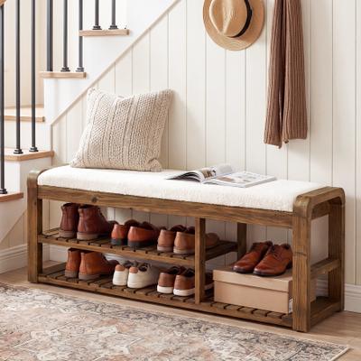 BLUEBELL "55"" Solid Wood Entryway Shoe Bench with Removable Cushion, 2-Tier Farmhouse Upholstered Storage Bench"