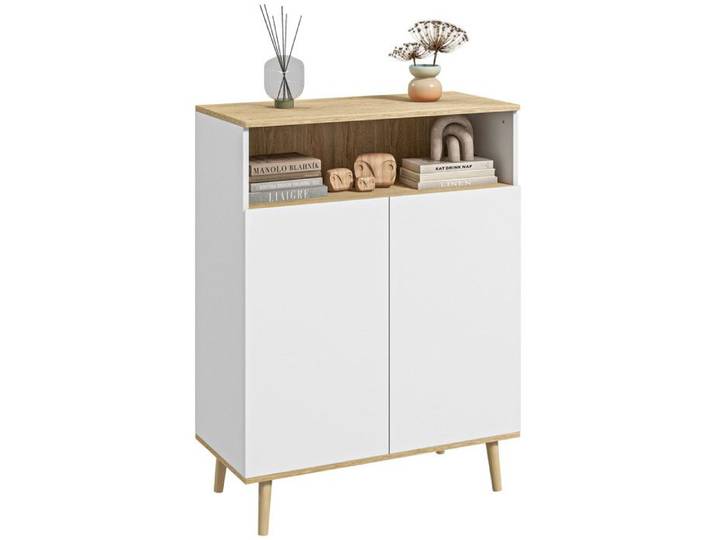 Buffet scandinave 2 portes étagère niche blanc aspect chêne clair