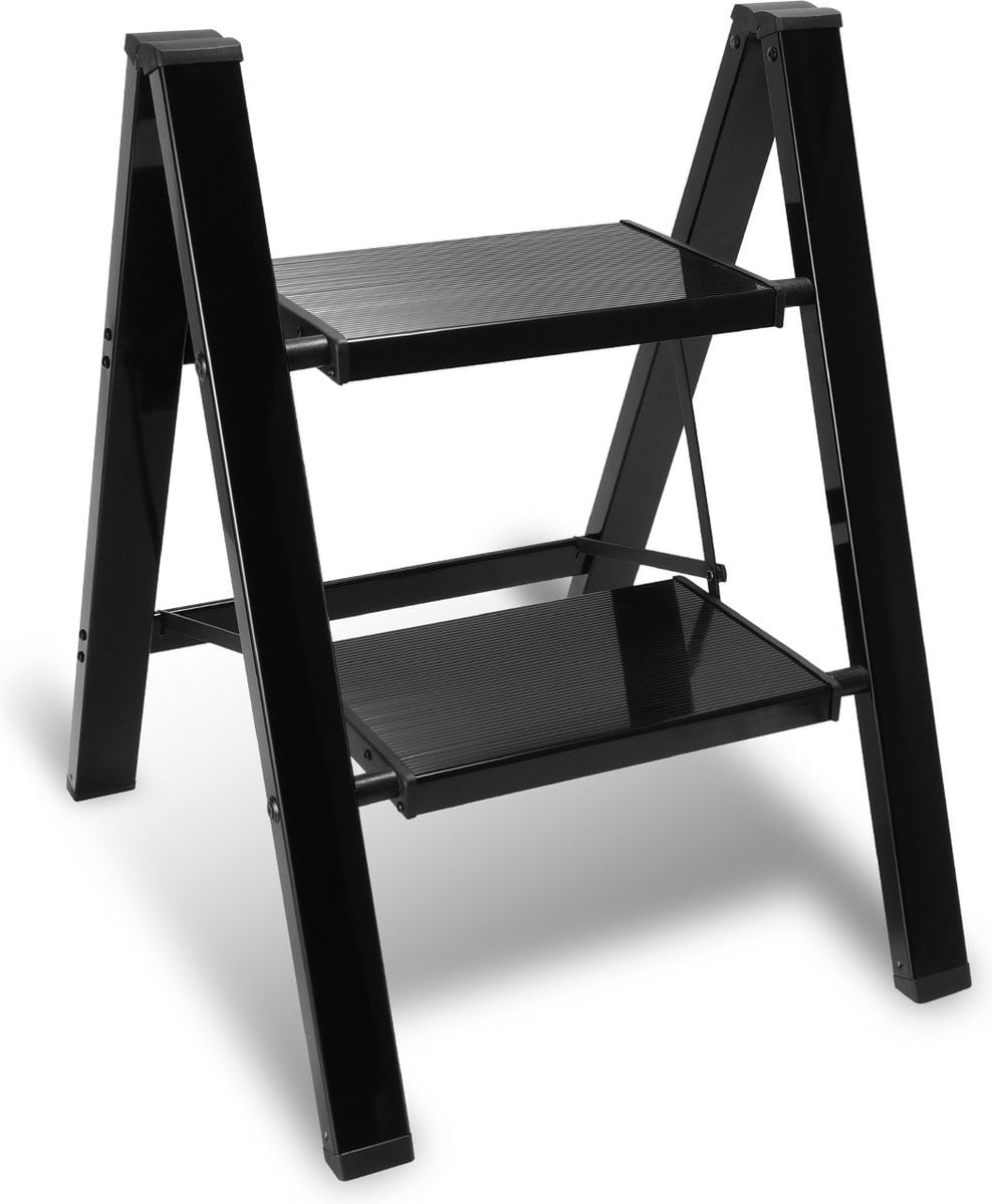 Opvouwbare aluminium trapladder met 2 treden en anti-slip rubberen voetjes - Zwart