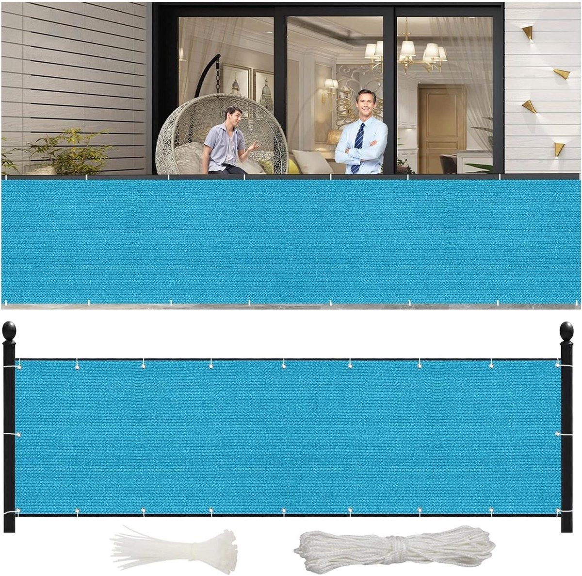 Blauw Balkonscherm van ademend HDPE-weefsel voor privacy en inkijkbescherming, 90 x 400 cm