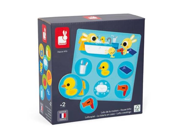 Janod Lottospel J02620, 4 kaarten en 24 merken van karton, educatief spel, woordenschat en concentratie, FSC-gecertificeerd en plantaardige kleur vanaf 2 jaar, meerkleurig
