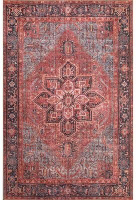 Domani Grove Machine Washable Distressed Oriental Red Medallion Area Rug