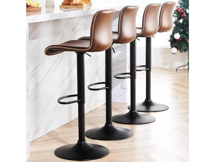 IDEALHOUSE Höhenverstellbare Barhocker mit Rückenlehne – S-förmig, drehbar, PU-Leder, Metallfußteil – Für Küche, Bar & Wohnbereich – Coffee, 4er-Set