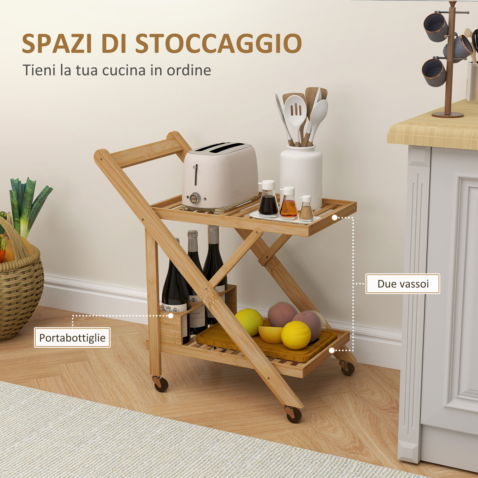 Altro Carrello Da Cucina Portavivande Pieghevole A 2 Livelli Con Portabottiglie In Legno Di Bambù