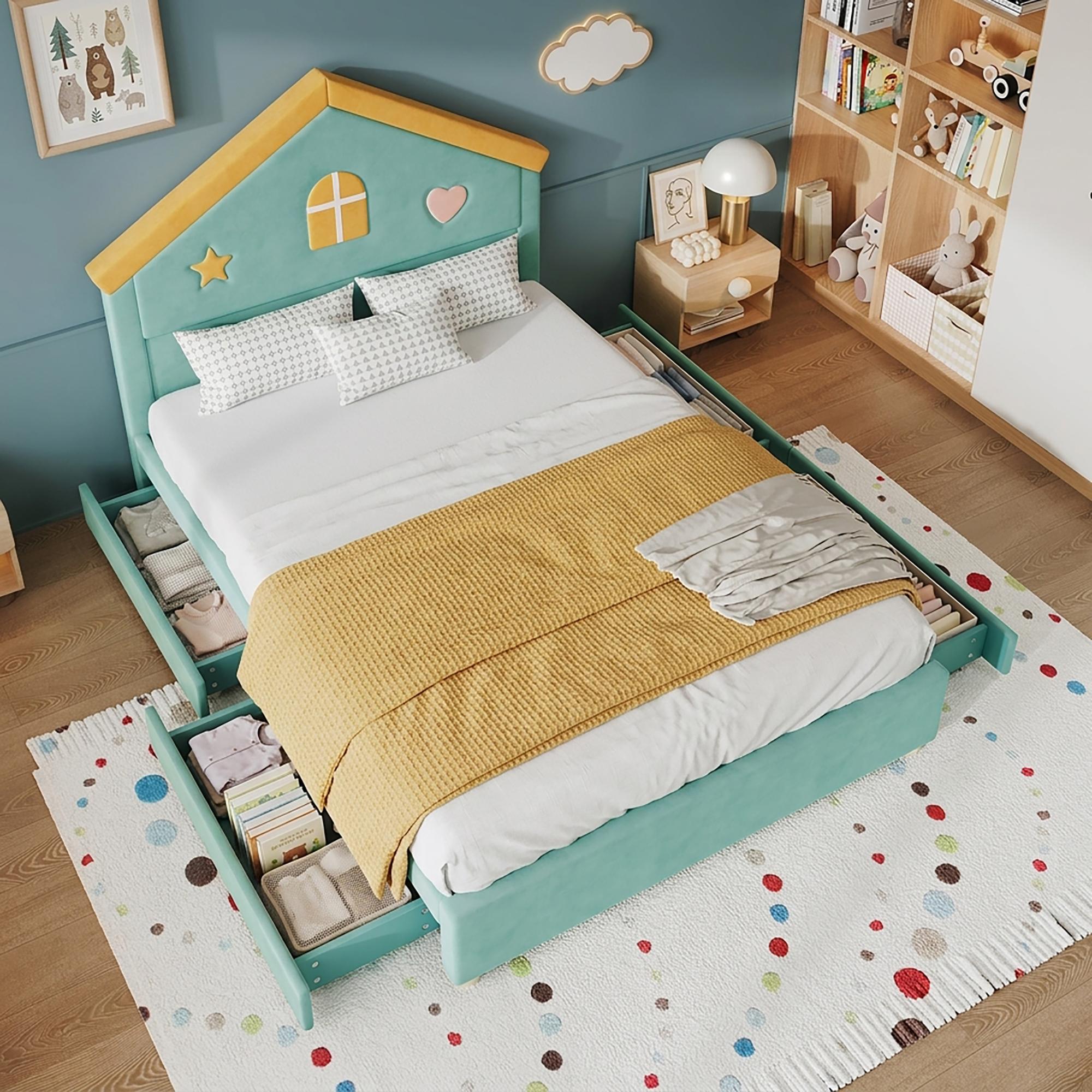 Kinderbett 140x200cm als Hausbett mit 4 Schubladen, blaugrünes Polsterbett aus Samt mit Hauskopfteil für Kinder und Jugendliche