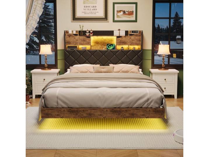 Lit double 160x200 suspendu lit suspendu avec LED et USB Lit capitonné 140x200 lit double lit flottant structure robuste