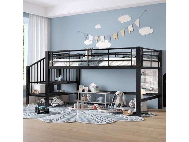 DRLXUN Metallbett Hochbett 90x200 Einzelbett mit Treppe & Stauraum, Schwarz Multifunktionales Kinderbett Jugendbett 90x200 Einzelbett Funktionsbett mit Treppe und Stauraum, Ohne Matratze