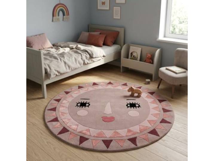 Morgenland Kinderteppich Handgetuftet Wolle Rosa 110x110cm Rund 100% Schurwolle, Kollektion Kids, Kinderzimmer, Handarbeit