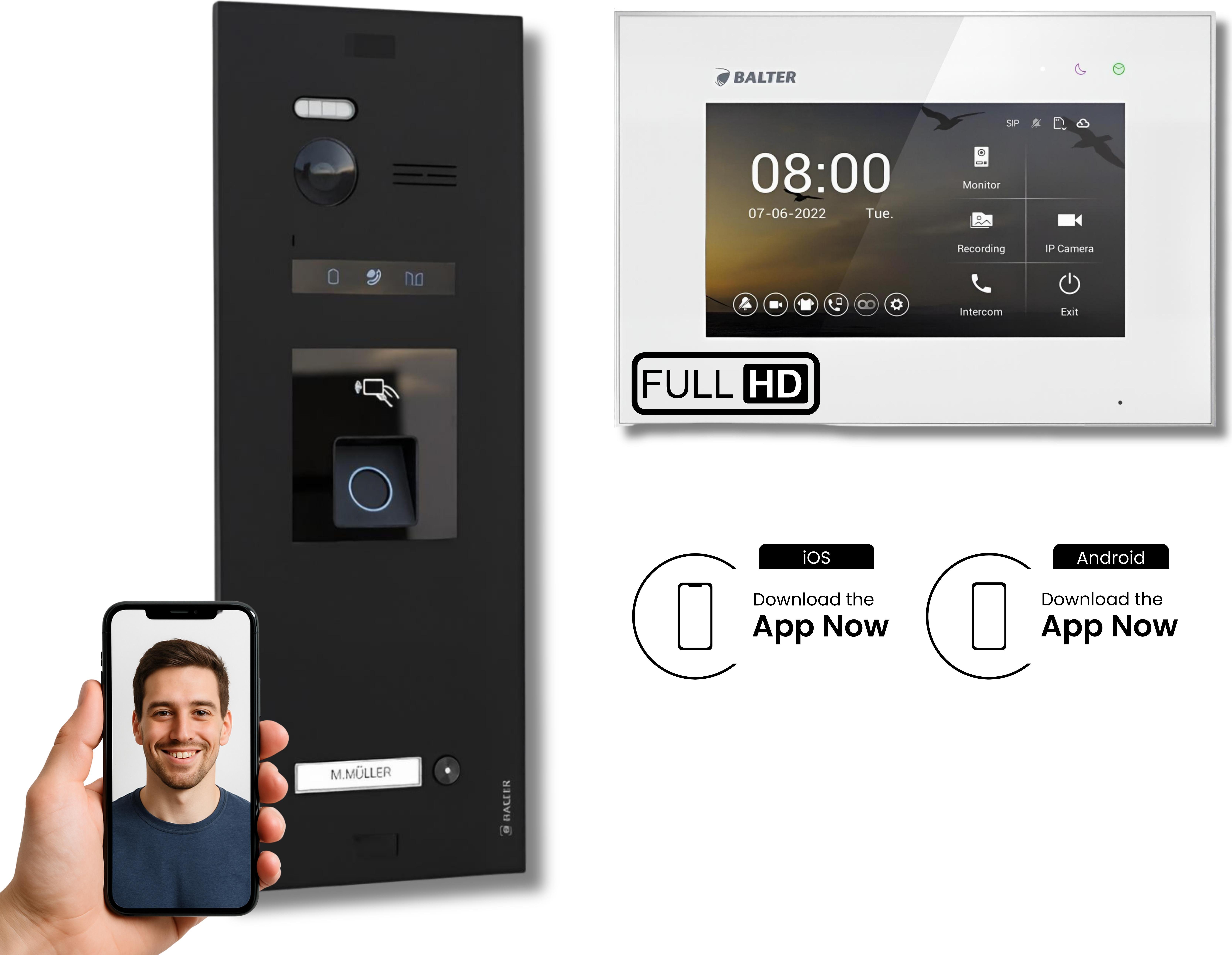 BALTER EVO HD Schwarz Video Türsprechanlage Fingerprint Set 1 Teilnehmer 7" WLAN Monitor Weiß