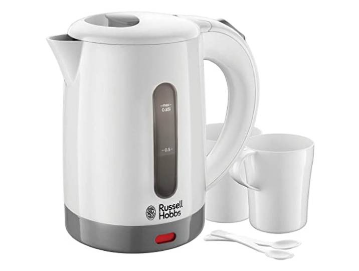 Russell Hobbs Waterkoker Travel (0,85L, Voor Op Reis, Universeel Voltage, Gemakkelijk Gebruik, Incl. 2 Koppen en 2 Theelepels, 1000 Watt, Wit) 23840-70