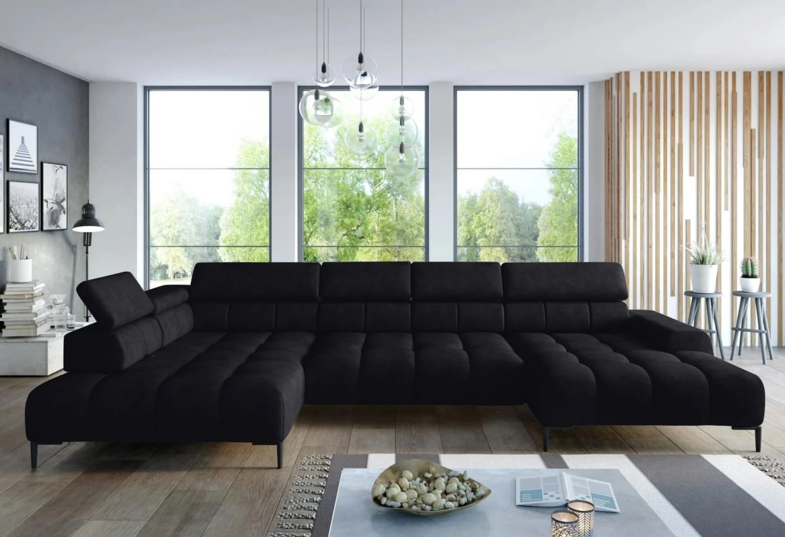 DOMO-HOME Ecksofa PLAZA XL mit elektrischer Relax-Funktion 385x216cm | Modernes Design| Hochwertige Verarbeitung| Verstellbare Kopfstützen| Farbe schwarz Solar| Links
