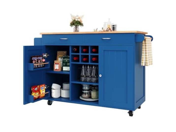 Ropilly Kücheninsel mit Stauraum aus MDF und Metall, Blau Küchenwagen mit Rollen, Weinregal und Seitenablagen für flexible Aufbewahrung