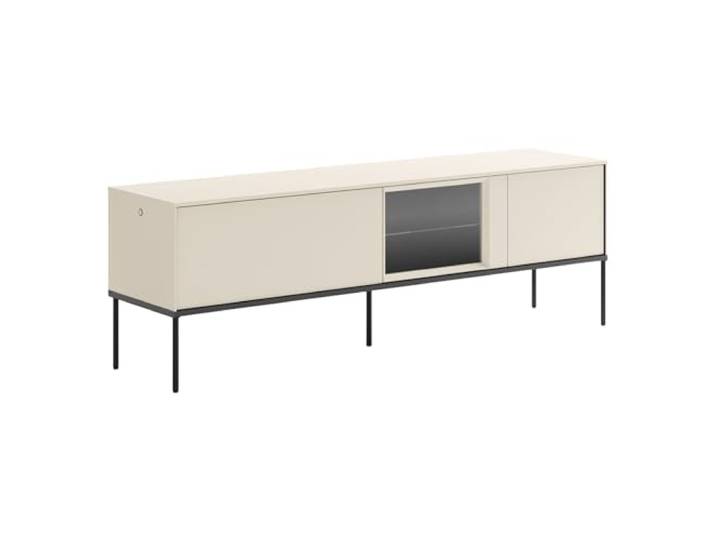 NUK Selsey TV-Lowboard 166 cm Cremefarbenes Mattes Design Hochwertige Spanplatte & Gehärtetes Glas Schwarze Metallbeine Integriertes Eye-LED mit Touch Push-to-Open Ideal fürs Wohnzimmer