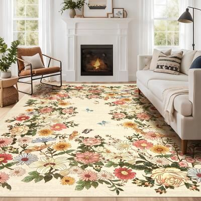 Garvee Ultra-Thin Washable Area Rug - Modern Boho Vintage Floral Carpet