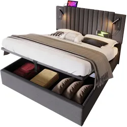 OKWISH Polsterbett 140×200 cm Grau Baumwolle mit hydraulischem Stauraum, Leselicht, USB-Ladefunktion und Nieten-Kopfteil