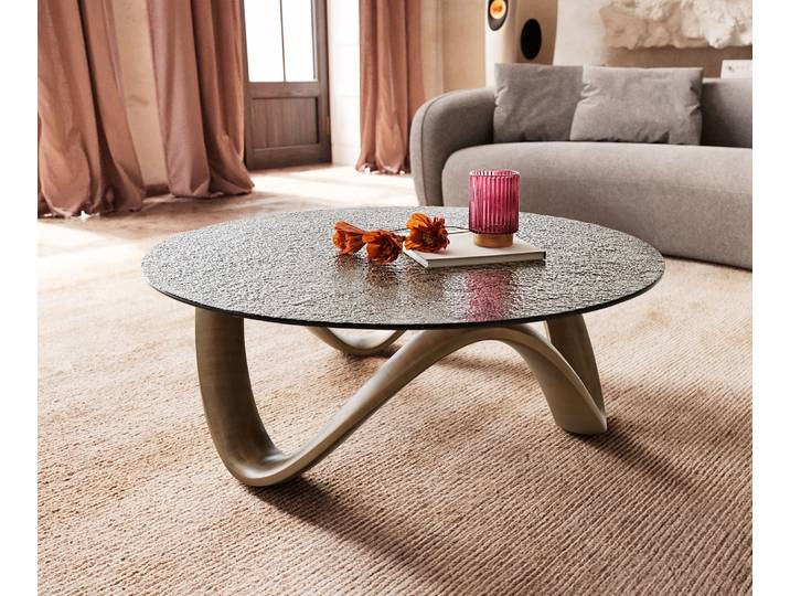 DELIFE Couchtisch Tanju 90x90 cm Metallic Gold mit Reliefglas Taupe, Couchtische