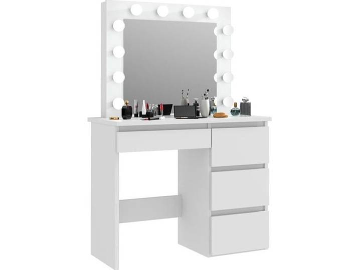 Coiffeuse avec 4 tiroirs et miroir LED coloris blanc - H75 x L94 x P43 cm