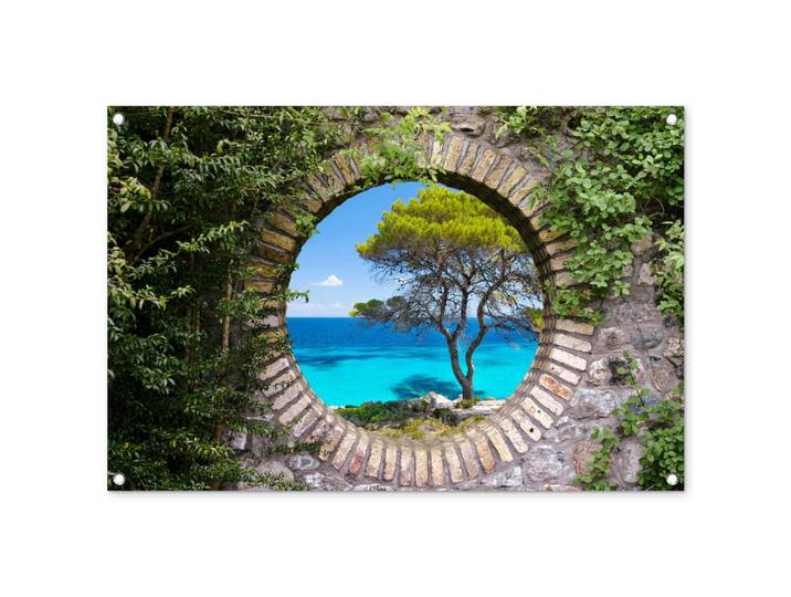 OnlyWow Gartenposter - Meer - Baum - Tropisch - Ausblick - 90x60 cm, Graubraun, Kunststoff, Rechteckig, 90x60x0.2 cm, Bilder & Rahmen, Bilder, Wandbilder