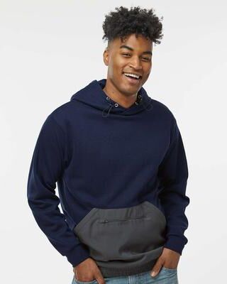 MV Sport 23112 Mixed Media Hooded Sweatshirt in Navy Blue/Charcoal size Large   Cotton/Polyester Blend