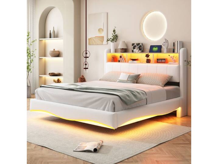 Lit suspendu capitonné 160x200 cm avec coffre rangement LED USB USB-C lit double lin beige design moderne