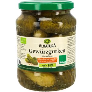 Alnatura Gemüsekonserve Gewürzgurken, in Branntweinessig, BIO, ohne Zuckerzusatz, im Glas, 670 g