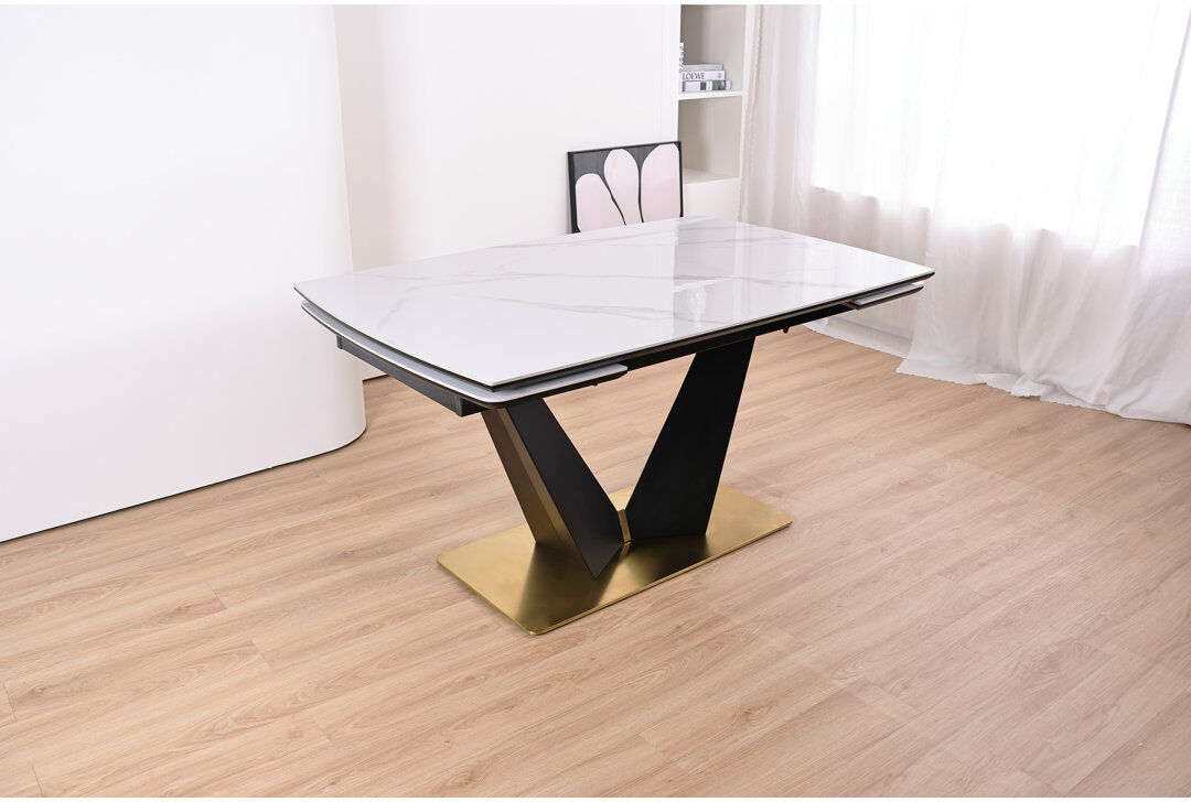 Metro Lumia Extendable Dining Table – White Marble-Effect Sintered Stone Top with Matte Black, Gold & Silver Base Gold